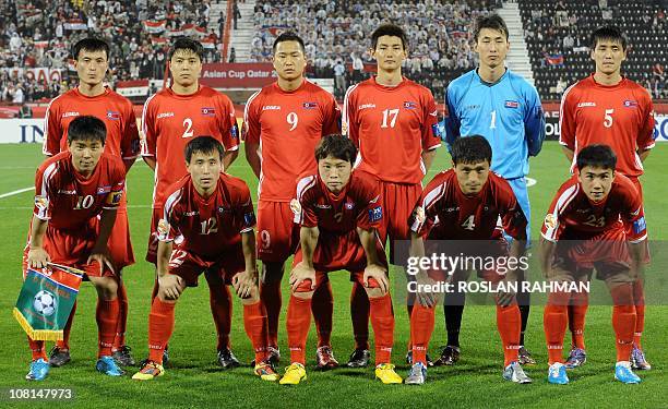 North Korea's defender Ri Jun-Il, defender Cha Jong-Hyok, forward Jong Tae-Se, midfielder An Young-Hak, goalkeeper Ri Myong-Guk, defender Ri...