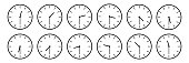 horizontal set of analog clock icon notifying each half an hour time isolated on white,vector illustration