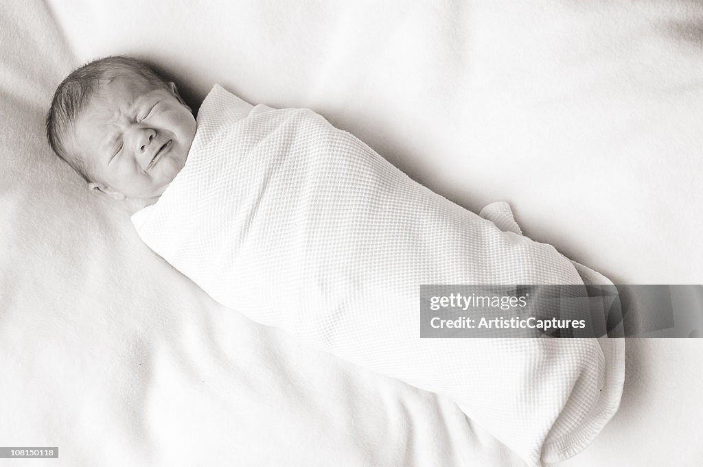 Crying, Swaddled Newborn Laying on Blanket, Black and White