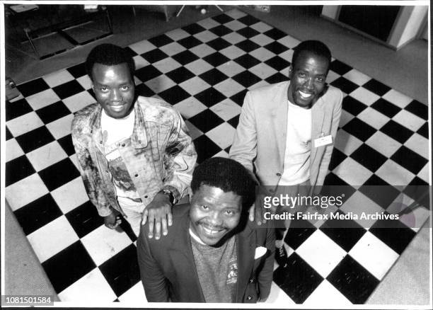 Ladysmith Black Mambazo, touring Australia. Press conference at the Oz Rock Cafe.LtR) Abednigo Mazibuko, Joseph Shabalala and Albert Mazibuko. May...