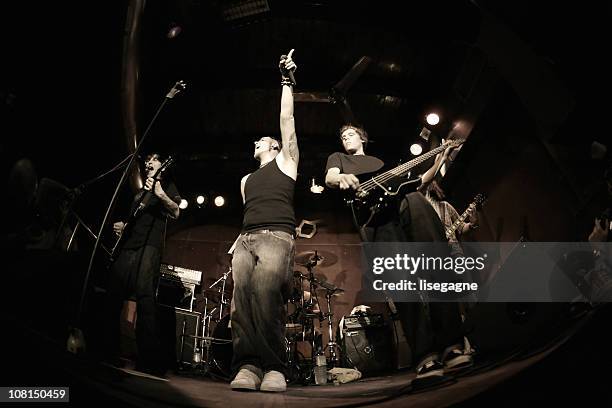 band performing on stage, fisheye - percussion ensemble stock pictures, royalty-free photos & images