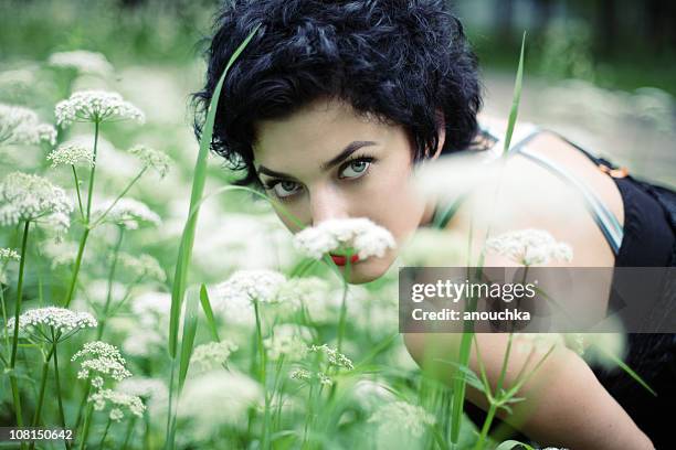 pretty woman in nature - pin up girl stock pictures, royalty-free photos & images