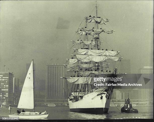 The Colombian barque one of the world's latest sailing ships preparing to berth at Circular Quay today. May 27, 1970. .