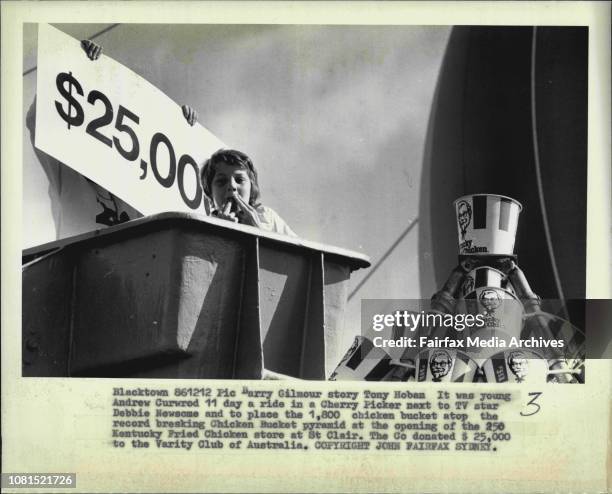It was young Andrew Curwood 11 day a ride in a Cherry Picker next to TV star Debbie Newsome and to place the 1,800 chicken bucket atop the record...