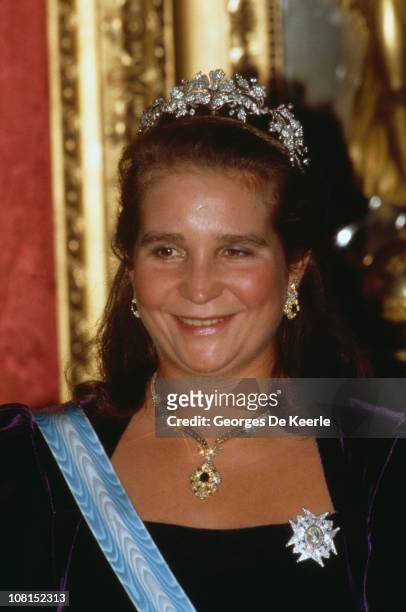 Princess Elena of Spain during a visit by Queen Elizabeth II, Madrid, 18th October 1988.