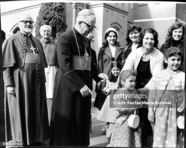 Cardinal James Freeman talking with group of Lebanese at St. Marys, others L. To R. Archbishop Abdo Khalife, Archbishop James Carroll, Archbishop...