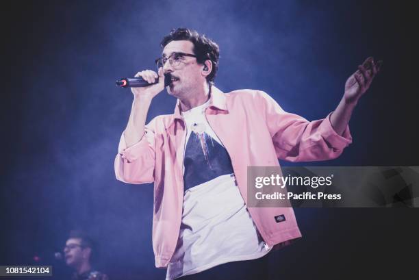 The Italian rapper Willie Peyote, real name Guglielmo Bruno, performing live on stage for his "Sindrome di Toret" tour in Venaria.