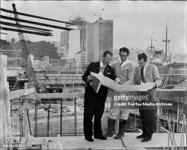 Thomson, secretary of the Sydney Opera House Executive Committee - Mr. A. Levy, resident engineer - and Mr. O. Skipper-Nielsen, President architect...