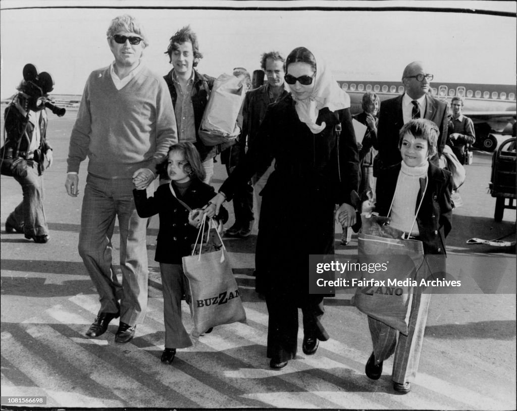 Nana Mouskouri and Husband George with children Nicholas 6 and Helene who is 4 tomorrow arrive at mascot.Greek singer Nana Mouskeuri arrived is Sydney from Melbourne for concerts. Interviewd at TAA lounge, Mascot airport.