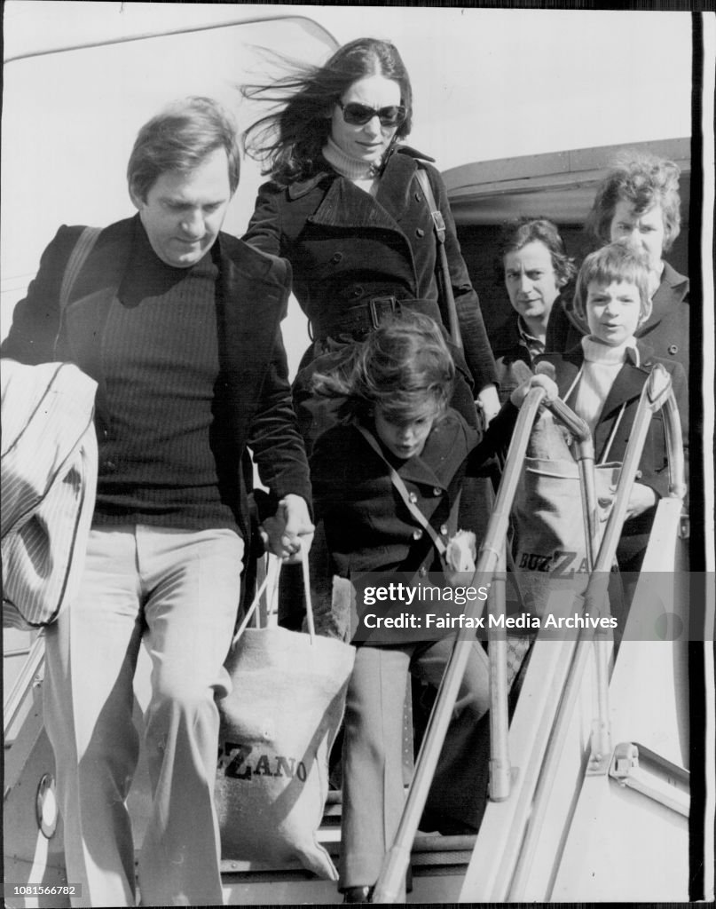 Nana Mouskouri and Husband George with children Nicholas 6 and Helene who is 4 tomorrow arrive at Mascot.Greek singer Nana Mouskouri arrived in Sydney from Melbourne for concerts. Interviewd at TAA lounge, Mascot airport.
