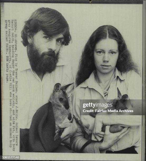 Animal levers Robert Smith, holding Roger the red neck wallaby, and wife Pat, with baby grey kangaroo Coongarra, of Castle Hill who have started an...