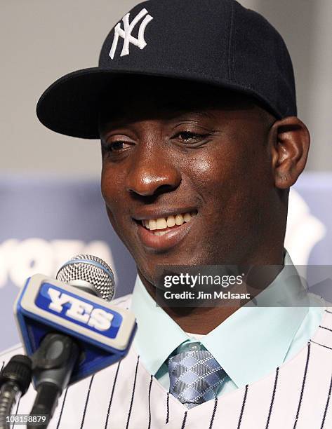 Rafael Soriano of the New York Yankees speaks during his introduction press conference on January 19, 2011 at Yankee Stadium in the Bronx borough of...