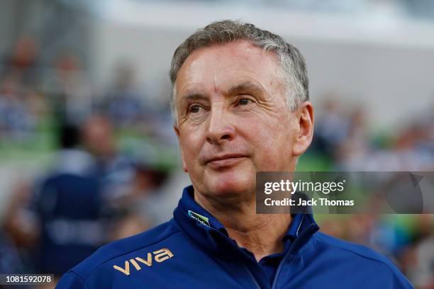 Ernie Merrick, Head Coach of Newcastle Jets looks on prior to the round 13 A-League match between the Melbourne Victory and the Newcastle Jets at...