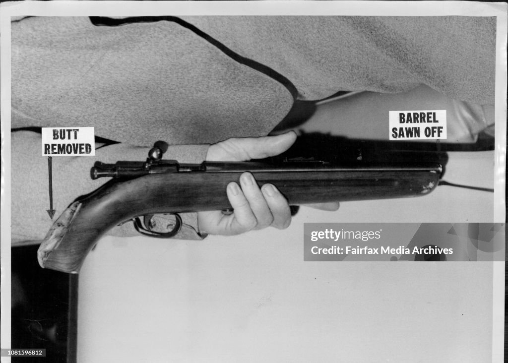 Early this morning Mr. Arthur Calwell was shot while leaving a meeting at the Mosman Town Hall. The shot was fired through the car window. The man was chased and caught by several young men.The weapon used in the attack.The sawn-off. 22 rifle police recov