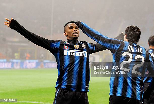 Samuel Eto'o of Inter Milan celebrates scoring the first goal during the Serie A match between Inter and Cesena at Stadio Giuseppe Meazza on January...