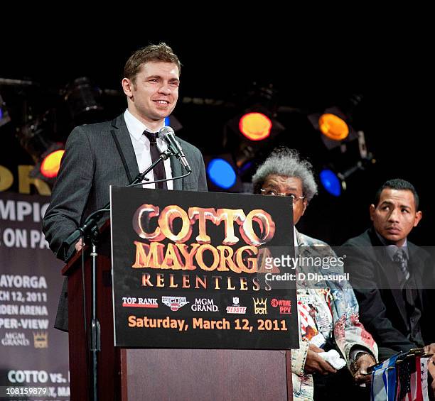 Professional boxer Yuri Foreman speaks at the Bob Arum and Don King press conference to announce Miguel Cotto vs. Ricardo Mayorga at B.B. King Blues...
