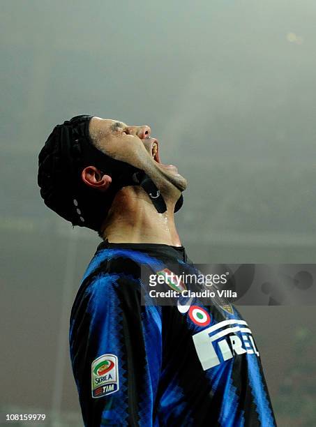 Cristian Chivu of Inter Milan reacts during the Serie A match between Inter Milan and Cesena at Stadio Giuseppe Meazza on January 19, 2011 in Milan,...