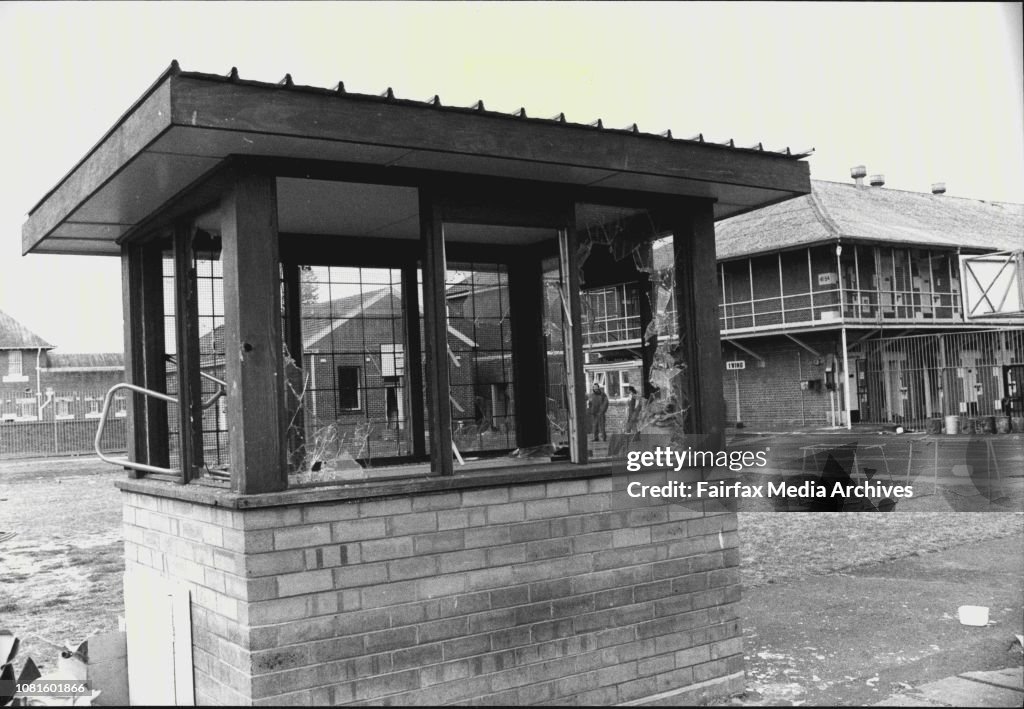 Every building in the Central Industrial Prison section of Long Bay Jail was damaged in yesterdays riot.A smashed sentry box in the main exercise yard.