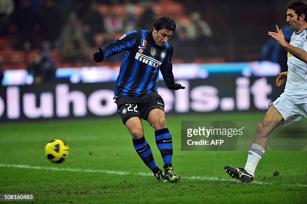 Inter Milan's Argentine forward Milito shoots to score during the serie A football match between Inter Milan and Cesena at San Siro stadium in Milan,...