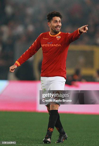 Marco Borriello of AS Roma celebrates after scoring the opening goal during the TIM Cup match between AS Roma and SS Lazio at Stadio Olimpico on...