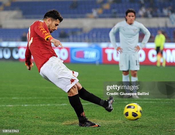 Marco Borriello of Roma scores the opening goal from the penalty spot during the Tim Cup match between Roma and Lazio at Stadio Olimpico on January...