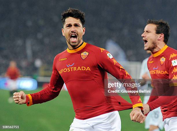 Marco Borriello of Roma celebrates after scoring the opening goal during the TIM Cup match between AS Roma and SS Lazio at Stadio Olimpico on January...