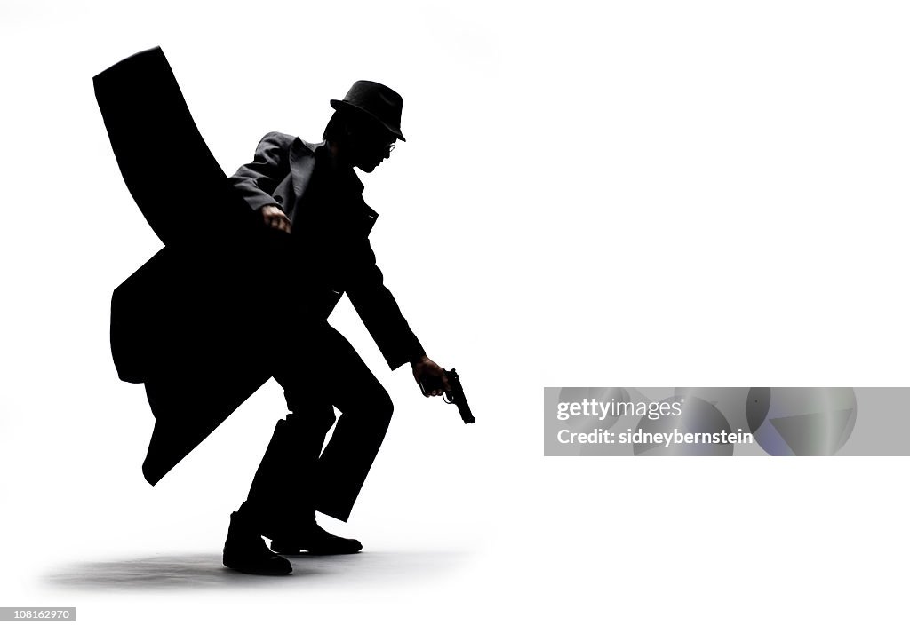 Silhouette of Man Holding Jacket and Gun on White Background