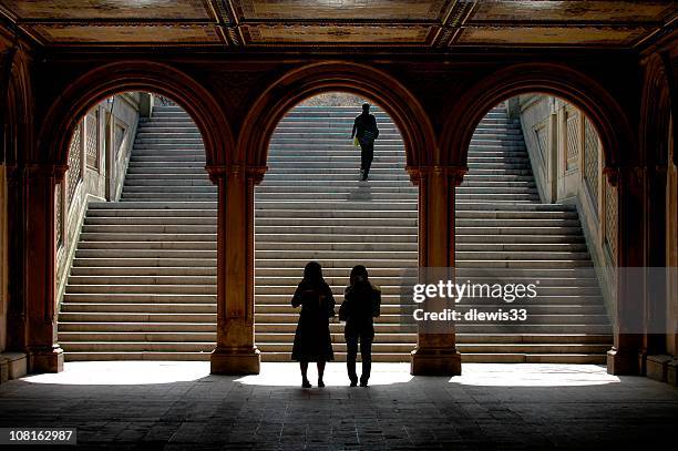 silhouette of people walking through arches in central park - 33 arches stock pictures, royalty-free photos & images