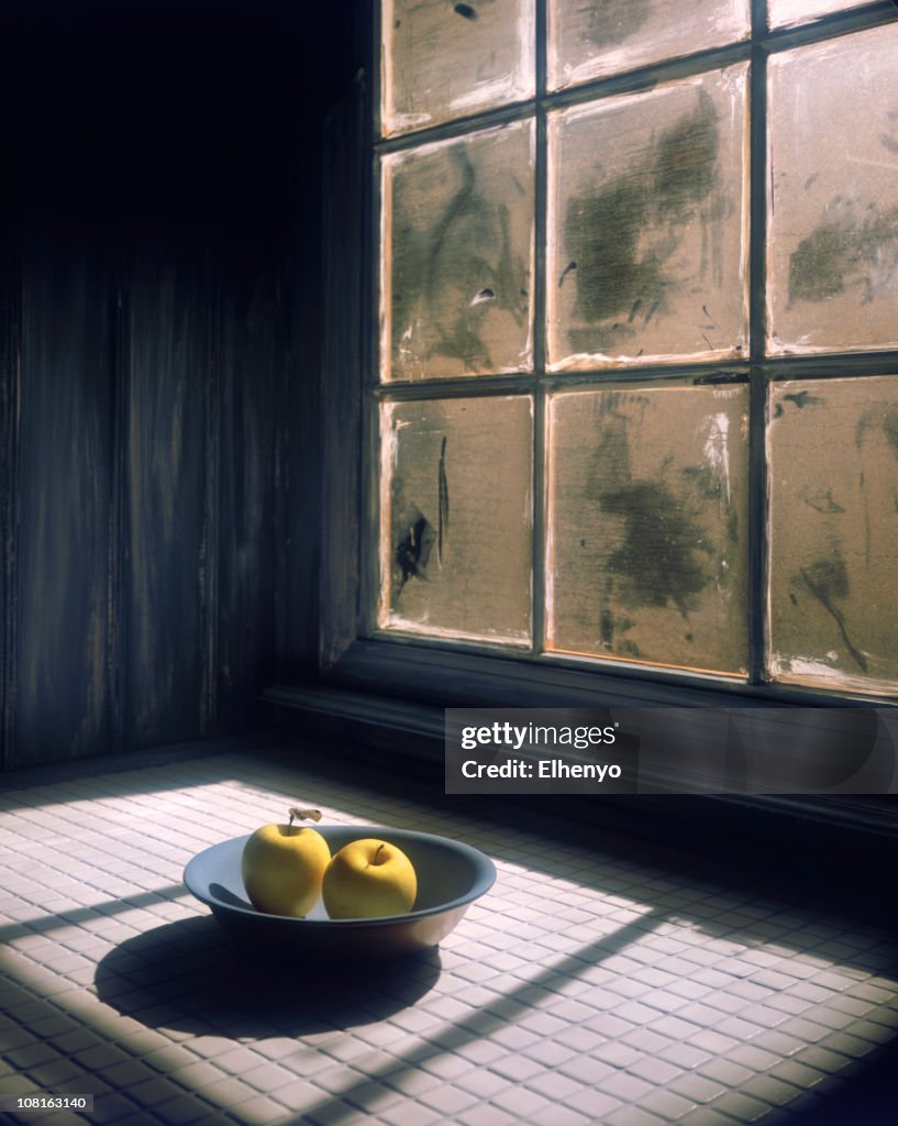 Two Apples in Bowl by Frosty Window