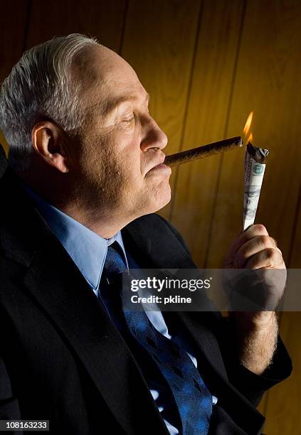 man lighting cigar with 100 dollar bill - cigar smokers stock pictures, royalty-free photos & images