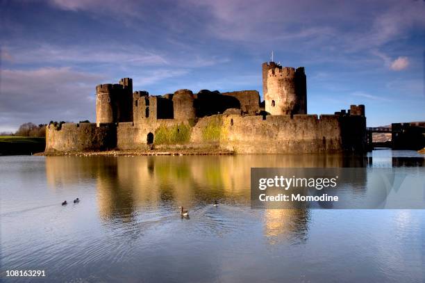 view from the water of caerphilly castle - moat 個照片及圖片檔