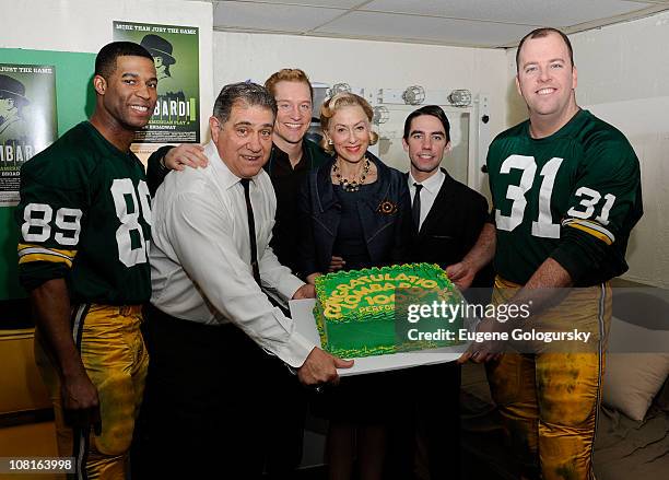 Robert Christopher Riley, Dan Lauria, Bill Dawes, Judith Light, Keith Nobbs and Chris Sullivan attend the celebration of the 100th performance of...