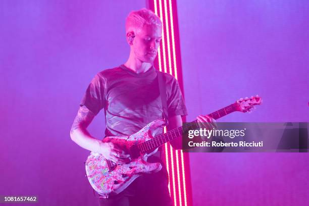 Adam Hann of The 1975 performs on stage at The SSE Hydro on January 12, 2019 in Glasgow, Scotland.