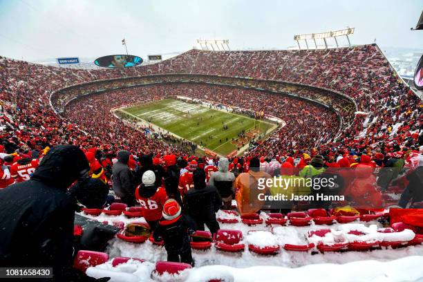 Fans begin to filter in prior to the game between the Kansas City Chiefs and the Indianapolis Colts at the AFC Divisional Round playoff game at...