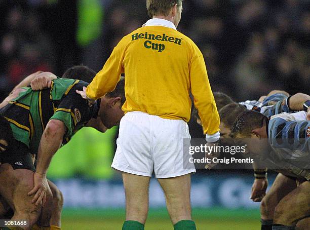 Referee Iain Ramage sets the scrummage during the Heineken Cup Pool 5 match between Northampton Saints and Cardiff at Franklin's Gardens,...