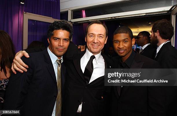 Esai Morales, Kevin Spacey and Usher during 2005 InStyle/Warner Bros. Golden Globes Party - Inside at The Palm Court at the Beverly Hilton in Beverly...