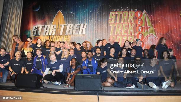 Mary Wiseman, Shazad Latif, Sam Vartholomeos and Anthony Rapp join 'Star Trek Discovery' fans in a photo op on Day 4 of Creation Entertainment's 2018...