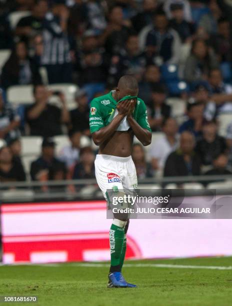 Leon's Andres Mosquera celebrates after scoring against Monterrey during their Mexican Clausura 2019 tournament football match at the BBVA Bancomer...