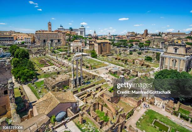 panoramic view of the ruins of ancient rome at the roman forum from palatine hill, rome, italy, june 28, 2018 - palatine hill stock pictures, royalty-free photos & images