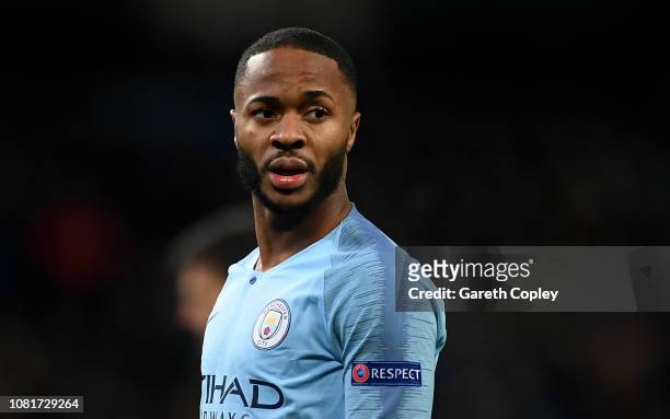 Raheem Sterling of Manchester City wears the Respect anti racism campaign badge on his shirt during the UEFA Champions League Group F match between...