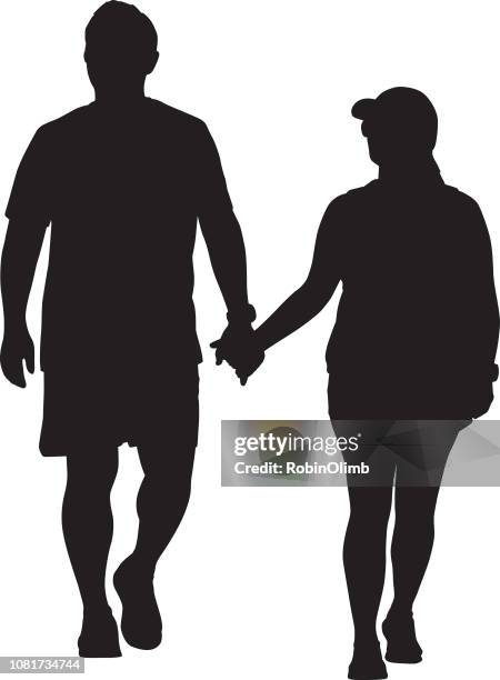 middle aged couple walking hand in hand - mature adult couple stock illustrations