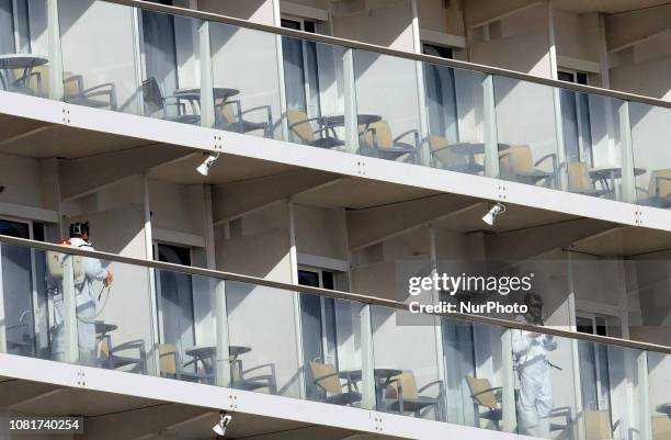 January 12, 2019 - Port Canaveral, Florida, United States - Crew members on Royal Caribbean International's 'Oasis of the Seas' cruise ship spray...