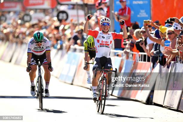 Peter Sagan of Slovakia and Team Bora-Hansgrohe and Caleb Ewan of Australia and Team Lotto Soudal sprint to the finish line during the 2019 Tour Down...