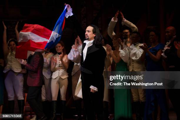 January 11: Lin Manuel Miranda thanks the audience after his performance of the award-winning Broadway musical, Hamilton, in Puerto Rico. Miranda,...