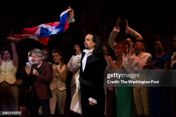 January 11: Lin Manuel Miranda thanks the audience after his performance of the award-winning Broadway musical, Hamilton, in Puerto Rico. Miranda,...