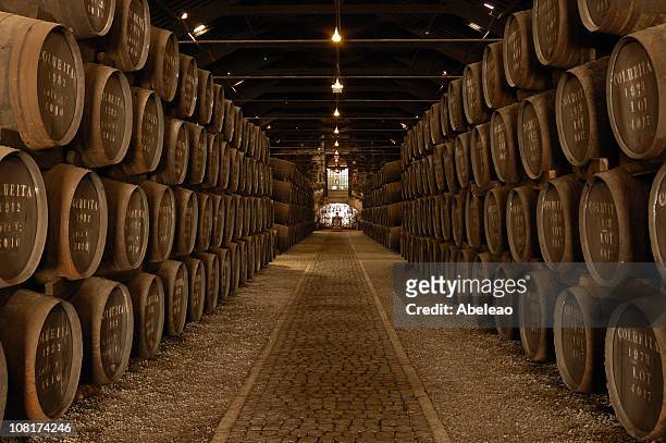 rows of barrels in a large wine cellar - porto portugal stockfoto's en -beelden