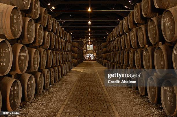 rows of barrels in a large wine cellar - portugal wine stock pictures, royalty-free photos & images