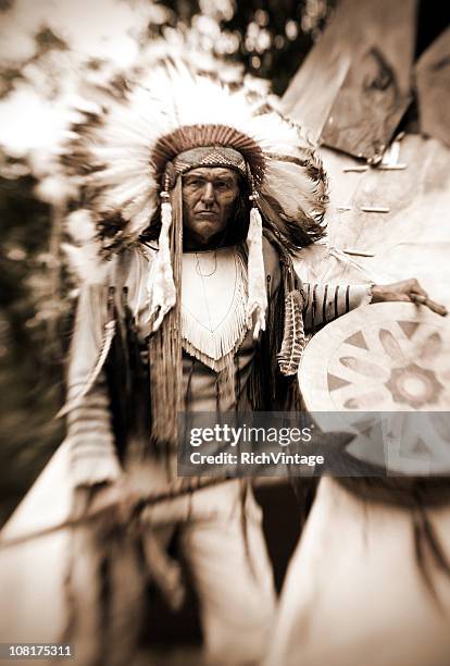 chief long horn (sepia) - ethnic conflict stock pictures, royalty-free photos & images