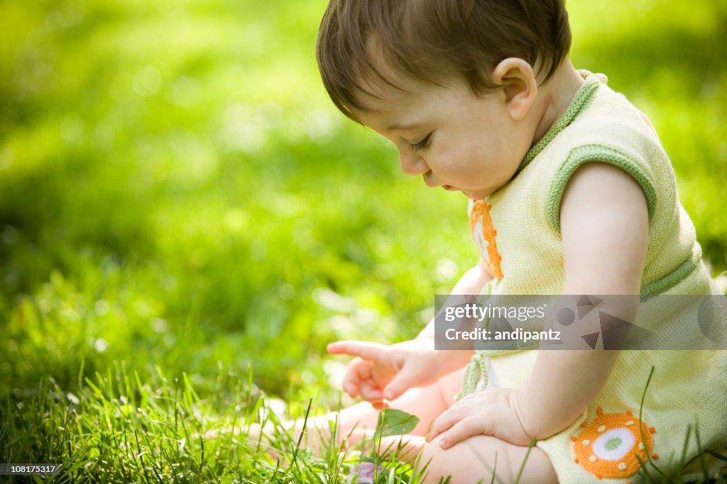 Young toddler girl sitting in grass on a sunny day