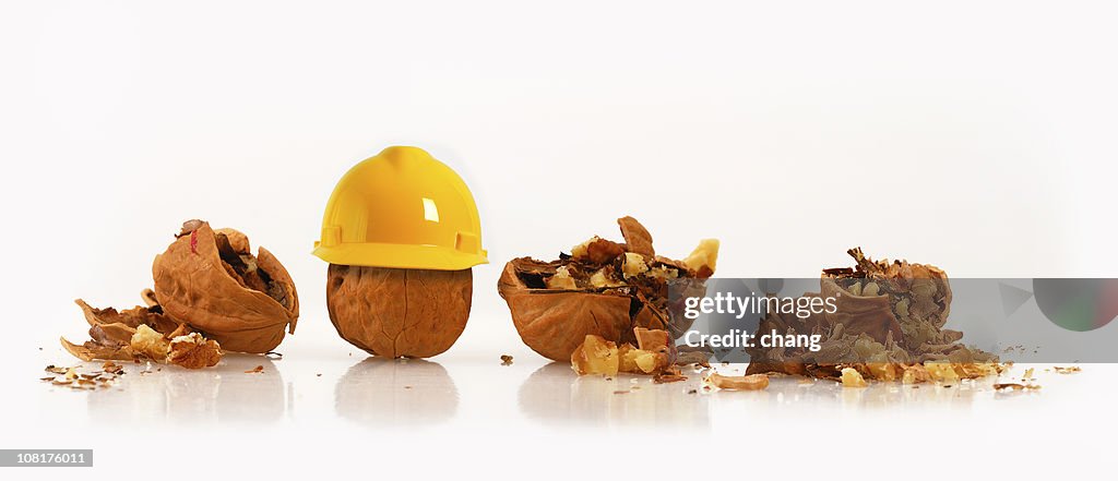 Walnut Wearing Hard Hat Beside Other Crushed Nuts